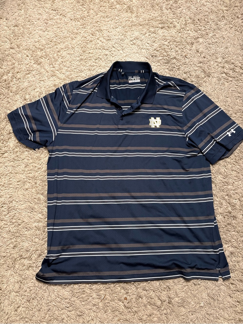 Under Armour Men's Navy Striped Polo with Notre Dame Logo